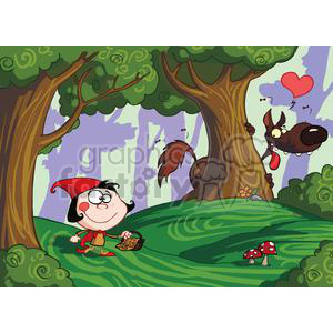 The clipart image depicts a humorous take on the fairy tale character Little Red Riding Hood in a forest setting. The character is portrayed with exaggerated facial features, wearing the classic red hood and carrying a picnic basket. To her right, there's a comically illustrated wolf peeking behind a tree with a heart above its head, as if smitten or in love, and its tongue hanging out. There's a sense of motion and music around the wolf, indicated by the musical notes. The forest background includes green hills, various trees with swirl-patterned leaves, a couple of mushrooms in the foreground, and a small bird flying away in the background. The colors are bright and the overall feel of the image is lighthearted.