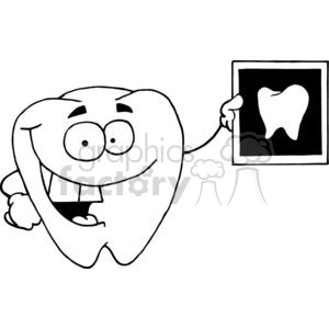 A cartoon tooth character holding an X-ray image of a tooth.