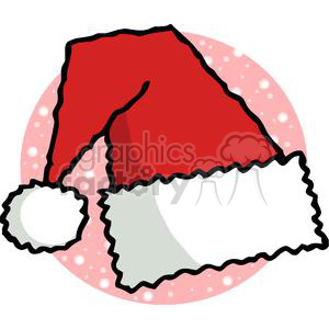 A festive clipart image featuring a classic red Santa hat with white trim and a pom-pom, set against a background of light red with snowflakes.