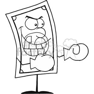 A black and white clipart image of an angry cartoon dollar bill with a fierce expression and clenched fists raised as if ready to fight.