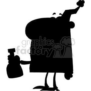   The image is a simple black silhouette of a funny cartoon character. The character appears to be holding a bag or sack in one hand and cheerfully raising the other hand in the air. It