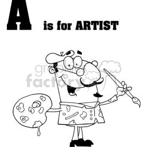 Alphabet letter A artist with brush and palette wearing a beret hat