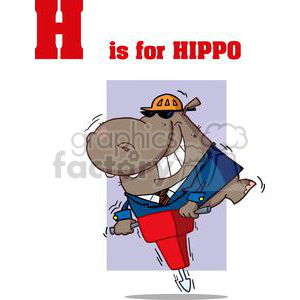 A funny cartoon character in the form of a hippo wearing a construction helmet and using a jackhammer, representing the letter 'H' for hippo.