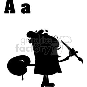 Silhouette of a funny artist character holding a paintbrush and palette next to uppercase and lowercase letter A.