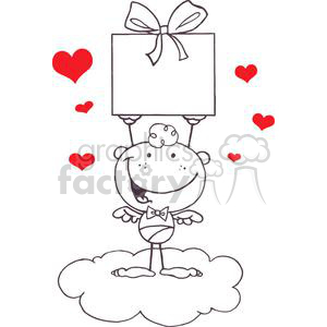 A cartoon cupid character holding a gift box with a bow, surrounded by red hearts, standing on a cloud.