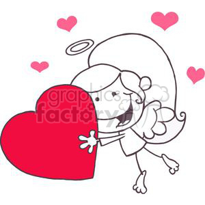 A cute cartoon angel hugging a large red heart with smaller hearts floating around, symbolizing love and Valentine's Day.