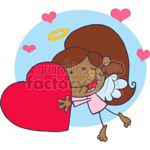 A cute and funny cupid stick figure with wings and a halo, embracing a large red heart surrounded by smaller hearts, set against a blue background.