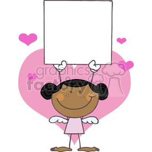 A cute cartoon girl with angel wings holding a blank sign with a pink heart background.