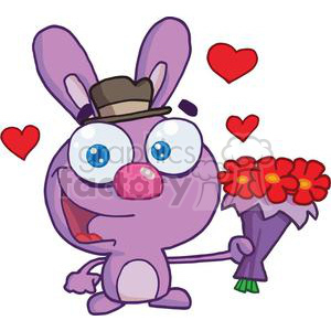 A cute purple cartoon bunny wearing a hat and holding a bouquet of red flowers, surrounded by red hearts.