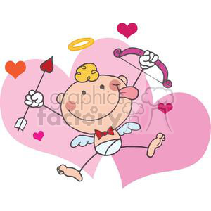 A playful cartoon Cupid with a heart-tipped arrow and bow, surrounded by pink and red hearts.