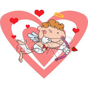 A cute and whimsical clipart image of a cupid stick figure with wings, a halo, and a bow and arrow, surrounded by red hearts, symbolizing love and Valentine's Day.