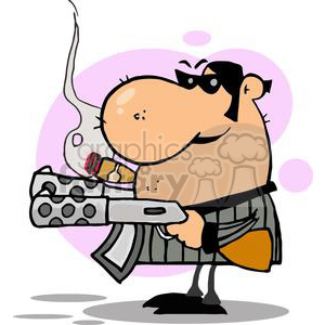 A cartoon-style clipart image of a humorous gangster character wearing sunglasses, holding a cigar, and carrying a large gun.