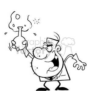 The clipart image features a caricature of a stereotypical scientist appearing grumpy or frustrated. He is wearing a lab coat, glasses, and has a distinct side-parted hairstyle. The scientist is holding a flask emitting some sort of reaction or bubbling substance, signifying an experiment or one of his inventions possibly going awry.