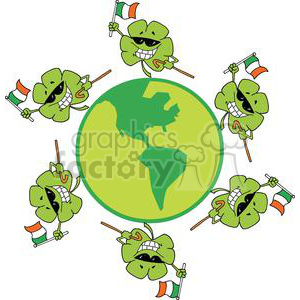 A humorous St. Patrick's Day clipart featuring cheerful green clovers with sunglasses, each holding an Irish flag, around a globe.