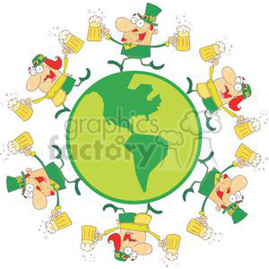 A humorous Saint Patrick's Day clipart featuring cartoon characters in green attire holding mugs of beer, surrounding a globe with clovers as decoration.