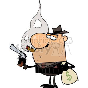 A cartoon-style depiction of a comical gangster or mobster. The character is wearing a suit and hat, holding a smoking gun, a cigar, and a sack of money.