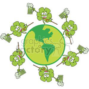 A clipart image featuring cheerful clovers holding beer mugs and surrounding a globe, representing a fun St. Patrick's Day theme.