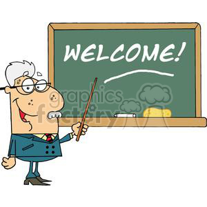 A cartoon teacher smiling, standing beside a chalkboard with 'Welcome!' written on it.