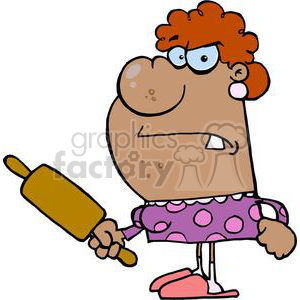 This image features a cartoon illustration of a person with a grumpy or upset expression, wearing a purple and pink polka dot dress, and holding a rolling pin. The character has prominent red hair, large round eyes, and seems to convey a comical representation of anger or annoyance.
