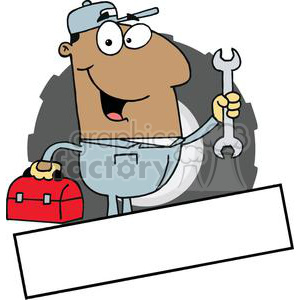 A humorous cartoon image of a handyman or plumber holding a wrench and a toolbox, wearing overalls and a cap, above a blank sign.