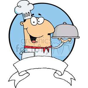 Banner OF A Male Chef Serving Food On A Sliver Platter with A Blue Background