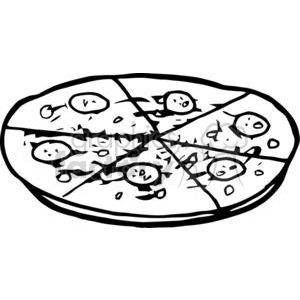 Black and white clipart image of a sliced pizza with pepperoni toppings.