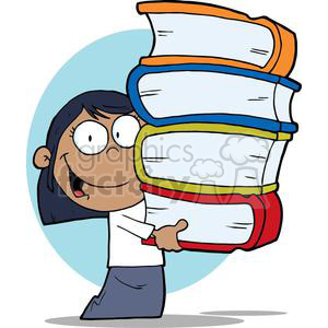 A cartoon illustration of a child happily carrying a large stack of colorful books, symbolizing education and reading.