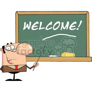   A School Teacher With A Pointer Showing On The Chalk Board Text Welcome! 