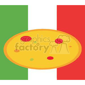 A cartoon-style image of a pizza with a yellow crust and red, green, and orange toppings, set against the backdrop of the Italian flag featuring green, white, and red vertical stripes.