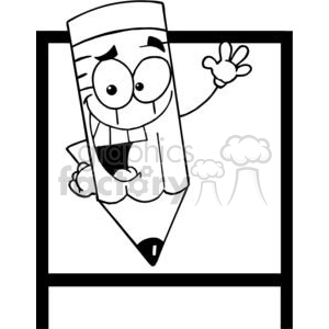   Waving Happy Little Pencil Cartoon Character With a Board In Background 