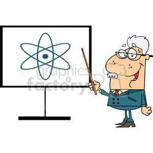 Cartoon illustration of a funny teacher pointing at an atom diagram on a screen during a science class.