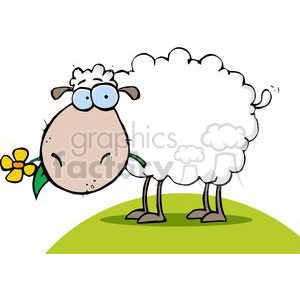   The image is a clipart illustration of a cartoon sheep. The sheep is standing on a green hillock, has a fluffy white body, a brown face with a neutral expression, blue glasses, and is holding a yellow flower in its mouth. The sheep