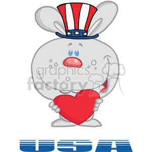   The clipart image features a funny cartoon bunny with large front teeth and prominent cheeks. It is holding a big red heart with both hands, suggesting the idea of love or affection. On its head, the bunny is wearing a top hat designed like Uncle Sam