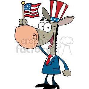 A humorous clipart image of a donkey wearing an Uncle Sam top hat, holding an American flag, symbolizing the Democratic Party and politics in the USA, often associated with the 4th of July celebrations.