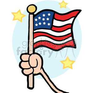   A humorous clipart illustration of a hand holding a waving American flag with stars in the background. 