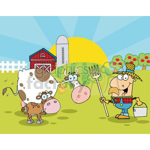 Cartoon illustration of a cheerful farmer holding a pitchfork and bucket, with two cows standing in front of a barn. The background features a bright sun, apple trees, and a rural landscape.