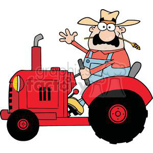 A cheerful farmer with a straw hat and mustache, driving a red tractor.