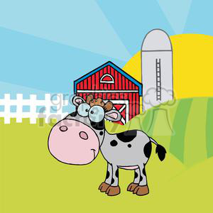 The clipart image features a whimsical farm scene including a comical cow in the foreground with a bemused expression. Behind the cow, there is a traditional red barn with white trim and a small window, accompanied by a white fence. A silo is seen in the background adjacent to the barn. The scene is set on rolling green hills under a bright blue sky with a couple of small yellow hills in the distance.