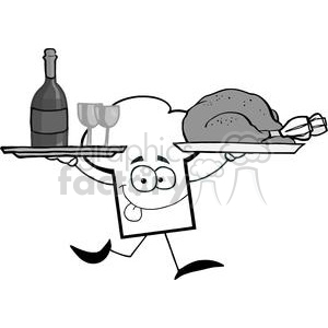 Cartoon Chefs Hat Character Running With Tray Of Wine And Plate WithChicken