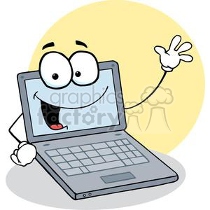 A cheerful cartoon laptop character with a smiling face, waving hand, and large eyes, set against a light yellow background.