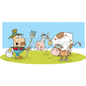 A humorous clipart image featuring a comical farmer with a pitchfork and two funny-looking cows. The farmer is wearing a straw hat and holding a bucket.