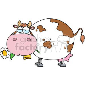 The image shows a humorous cartoon illustration of a cow. The cow is white with brown spots, has a big pink nose, and is wearing sunglasses. It also has a flower in its mouth, earrings, and an amusing expression, adding to the comical appearance.