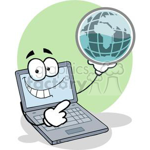 Laptop Cartoon Character Holding A Globe