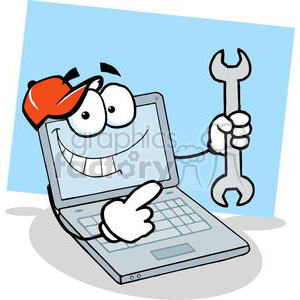 A cheerful cartoon laptop character wearing a red cap, holding a wrench, and pointing at the keyboard, symbolizing computer repair and support.