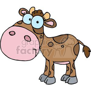   This clipart image contains a comical illustration of a brown cow with big, blue eyes and spots. The cow has a large pink nose and a happy expression, creating a funny and friendly depiction of a farm animal that could often be referred to as a cartoon cow or baby cow in style. 