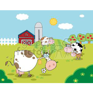 This clipart image features a whimsical, cartoon farm scene with several baby cows in various comical poses. There is a traditional red barn and a silo in the background, a white fence, and an orchard with apple trees. The landscape includes rolling green hills, blooming flowers, and a blue sky with the sun and a few clouds.  The cows are drawn with exaggerated features for a humorous effect, such as large heads and expressive eyes.