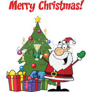 A cheerful Santa Claus cartoon character celebrating in front of a decorated Christmas tree with gifts and a drink, under the text 'Merry Christmas!'.