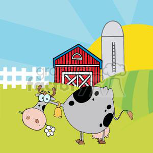   The clipart image presents a whimsical farm scene featuring a comical cow standing in a green field with a small white flower in its mouth. The cow has a large, exaggerated head with prominent, goofy eyes and one ear flopped over. It also has a yellow bell around its neck. Behind the cow, there