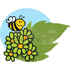 A colorful clipart image featuring a happy cartoon bee hovering over a cluster of flowers with green leaves and a blue circular background.