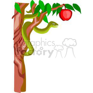 This image depicts a stylized tree with green leaves and a single red apple hanging from a branch. A green snake with blue eyes is wrapped around the trunk of the tree, extending towards the apple. The image appears to represent the biblical story of Adam and Eve, with the snake symbolizing temptation and the apple representing the forbidden fruit from the Tree of Knowledge.